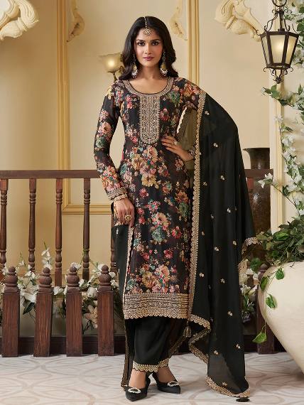 Premium Chinon Silk Digital Print Top and Pant Set with Both Side Embroidery & Lace Border Dupatta