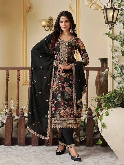 Premium Chinon Silk Digital Print Top and Pant Set with Both Side Embroidery & Lace Border Dupatta