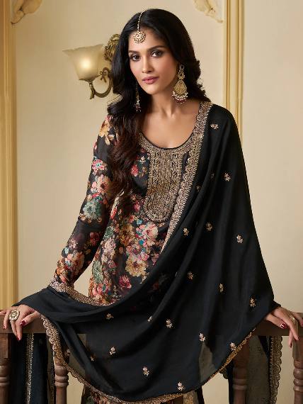 Premium Chinon Silk Digital Print Top and Pant Set with Both Side Embroidery & Lace Border Dupatta