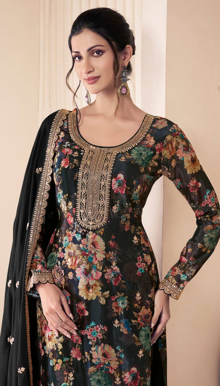 Premium Chinon Silk Digital Print Top and Pant Set with Both Side Embroidery & Lace Border Dupatta
