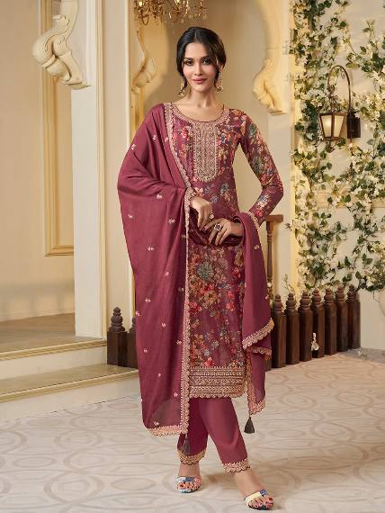 Premium Chinon Silk Digital Print Top and Pant Set with Both Side Embroidery & Lace Border Dupatta