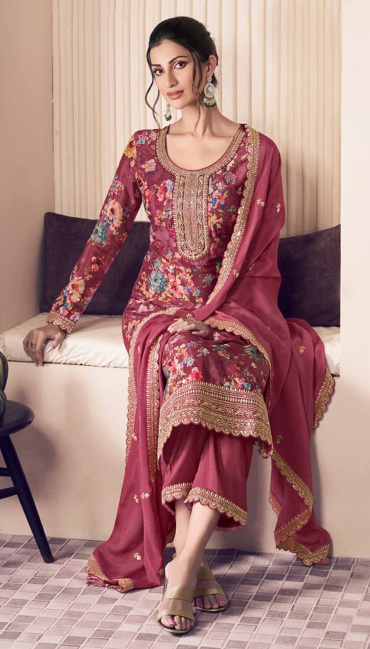 Premium Chinon Silk Digital Print Top and Pant Set with Both Side Embroidery & Lace Border Dupatta