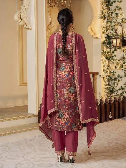 Premium Chinon Silk Digital Print Top and Pant Set with Both Side Embroidery & Lace Border Dupatta