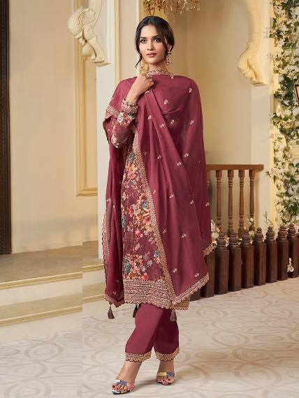 Premium Chinon Silk Digital Print Top and Pant Set with Both Side Embroidery & Lace Border Dupatta