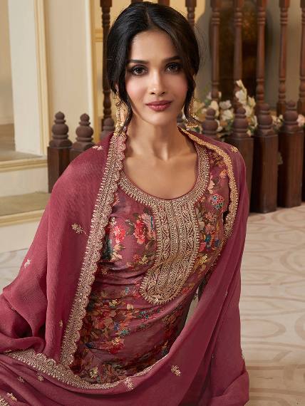 Premium Chinon Silk Digital Print Top and Pant Set with Both Side Embroidery & Lace Border Dupatta