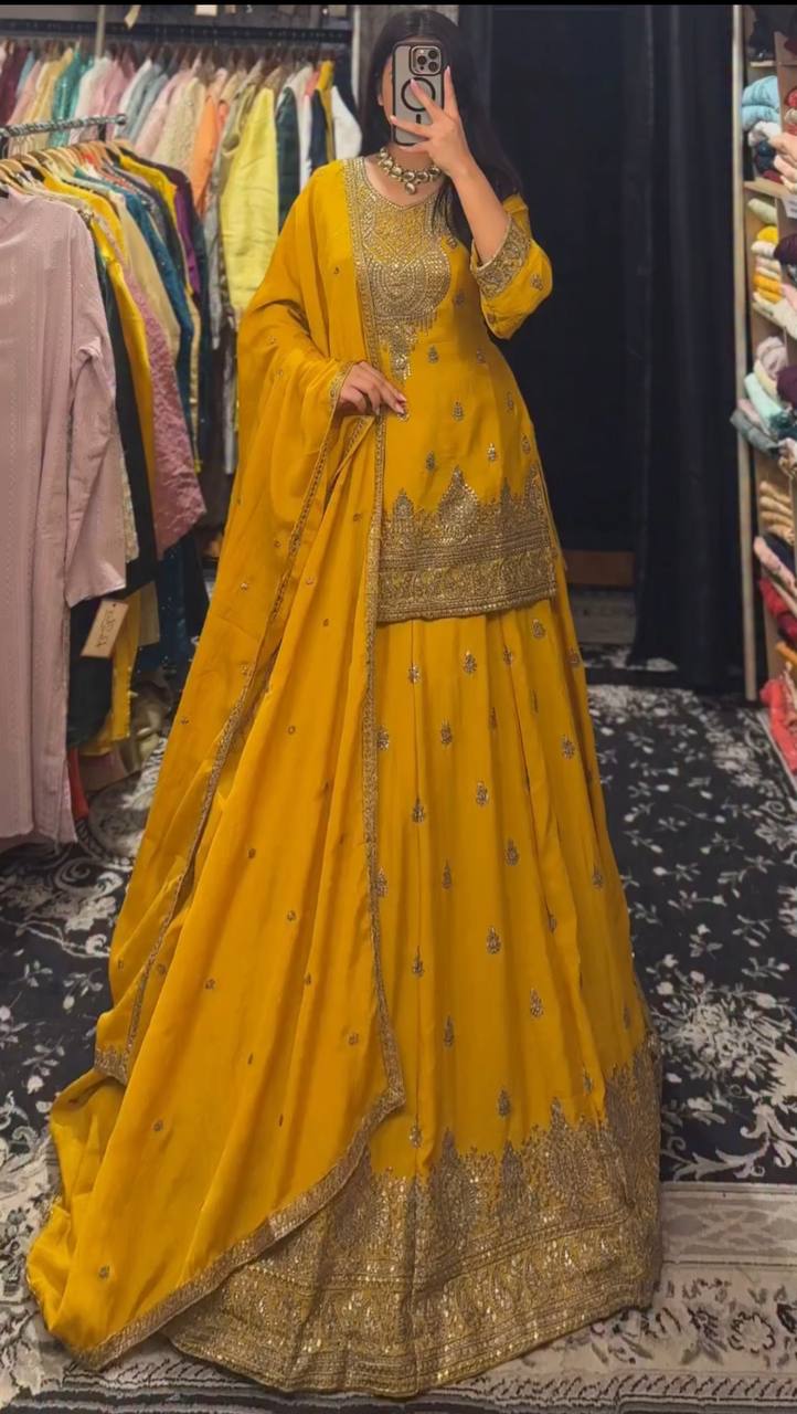 Chinon Silk Sequence Embroidered Suit with Lined Sharara & Dupatta
