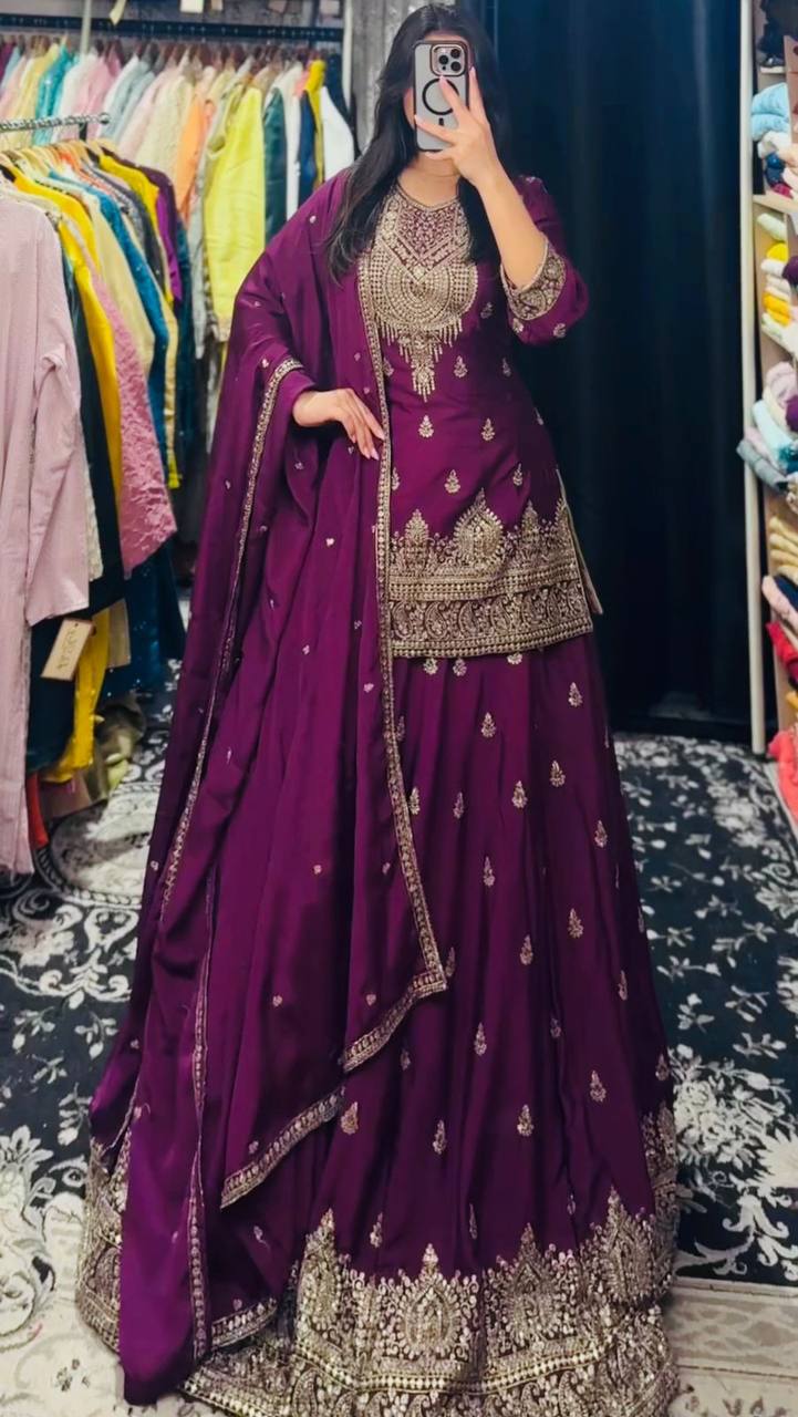 Chinon Silk Sequence Embroidered Suit with Lined Sharara & Dupatta