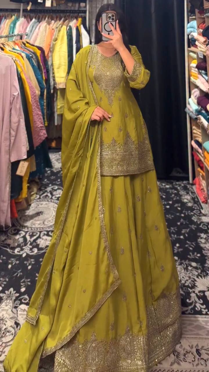 Chinon Silk Sequence Embroidered Suit with Lined Sharara & Dupatta