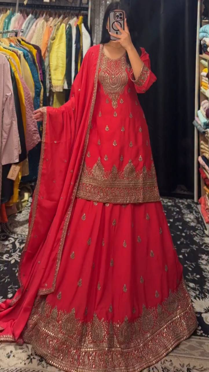 Chinon Silk Sequence Embroidered Suit with Lined Sharara & Dupatta