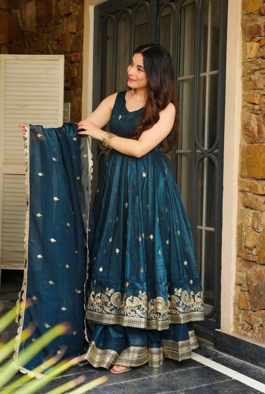Graceful Gold Crazy Fabric Sharara Suit Set with Intricate Embroidery, Sequence Work, and Coordinated Dupatta