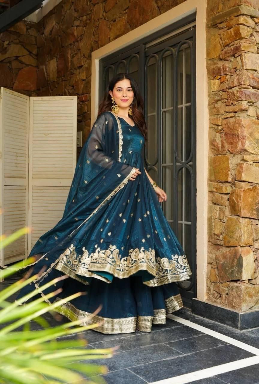 Graceful Gold Crazy Fabric Sharara Suit Set with Intricate Embroidery, Sequence Work, and Coordinated Dupatta
