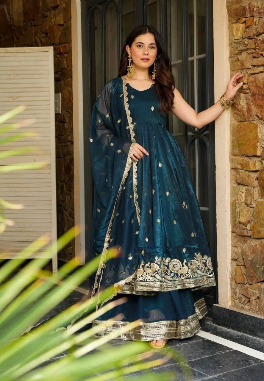 Graceful Gold Crazy Fabric Sharara Suit Set with Intricate Embroidery, Sequence Work, and Coordinated Dupatta