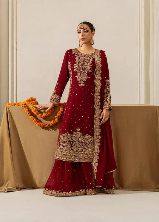 Fully Stitched Maroon Faux Georgette Kurta Plazo Dupatta Set with Intricate Coding and Rivet Moti Embellishments