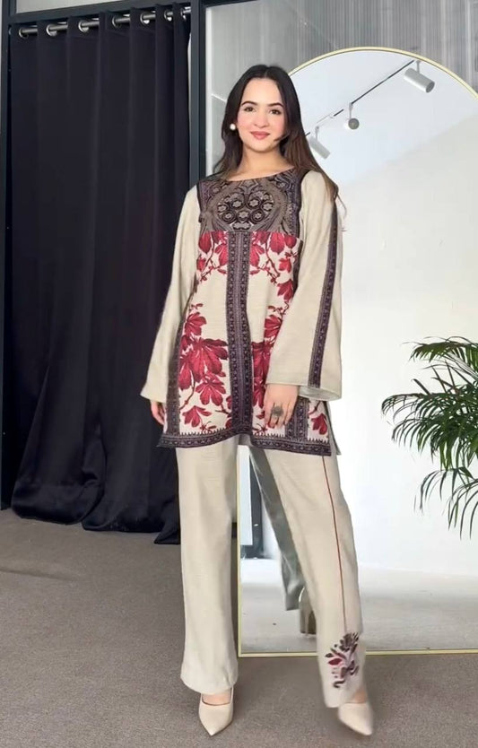 Designer Ready-to-Wear Co-ords in Pure Natural Crepe with Top & Plazzo