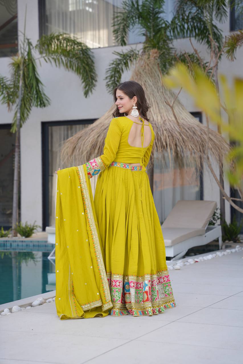 Celebrate in Style with This Exquisite Vichitra Silk Lehenga Choli Featuring Elegant Sequence Work