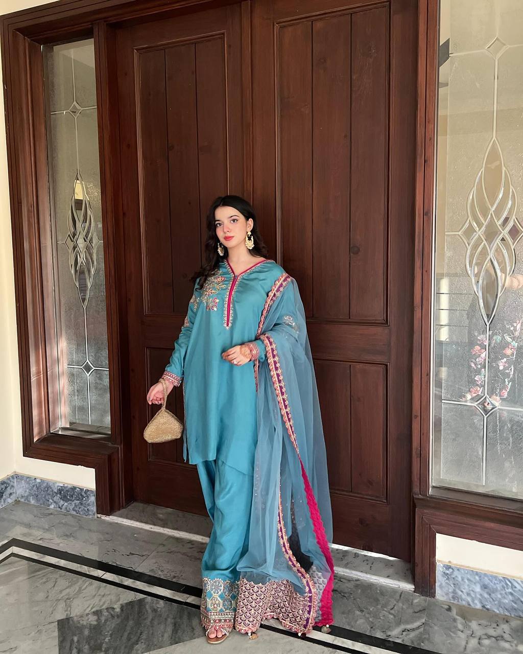 Embrace Designer Glamour in This Embroidered Top Palazzo and Dupatta Set for Elegant Occasions