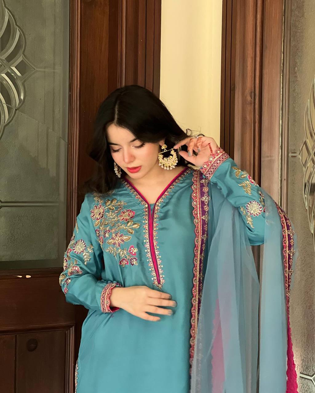Embrace Designer Glamour in This Embroidered Top Palazzo and Dupatta Set for Elegant Occasions