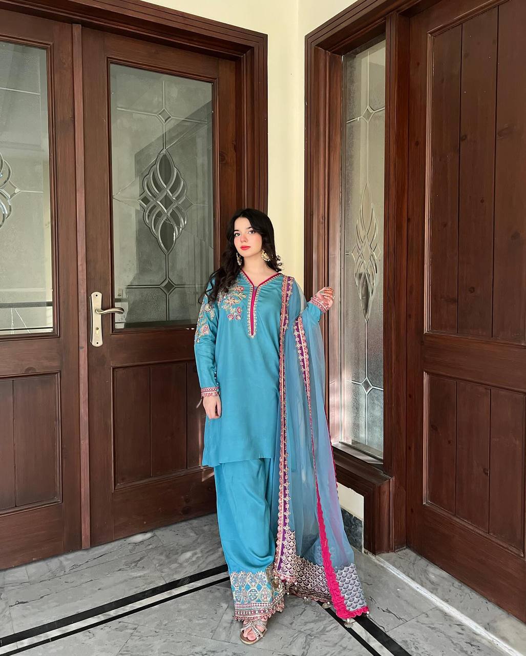 Embrace Designer Glamour in This Embroidered Top Palazzo and Dupatta Set for Elegant Occasions