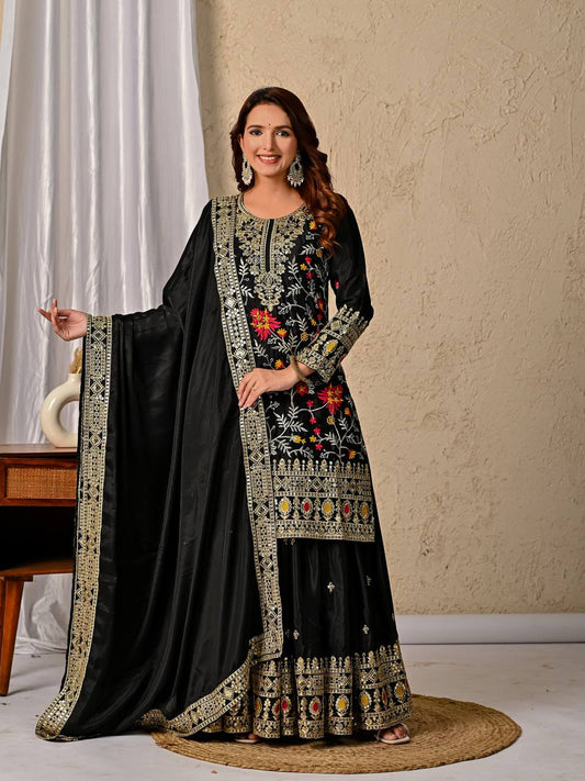 Premium Black Chinnon Silk Ensemble with Intricate 5mm Sequin Work and Elegant Dupatta