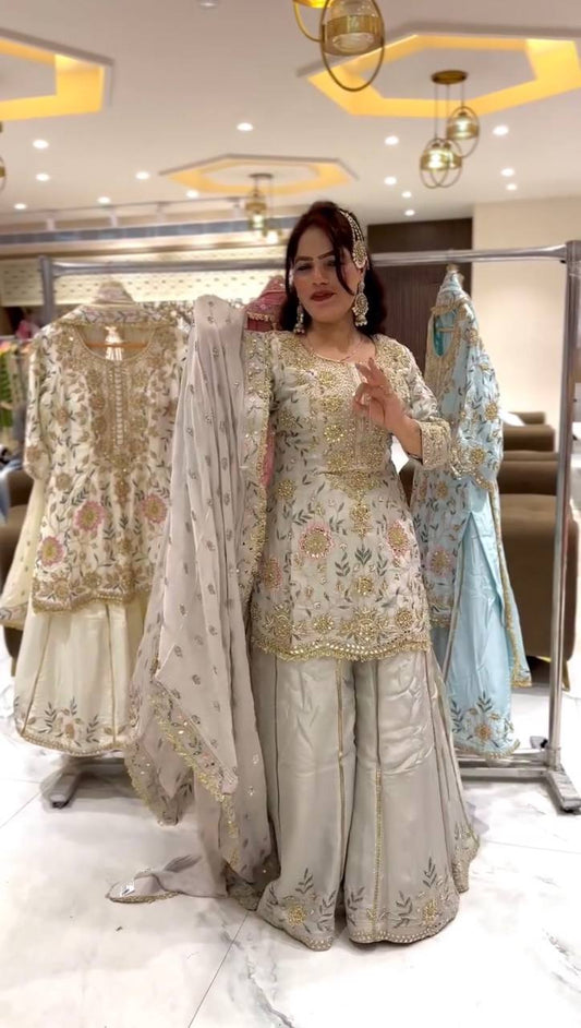 Stylish White Partywear Plazzo Set in Natural Crepe with Embroidered Detailing