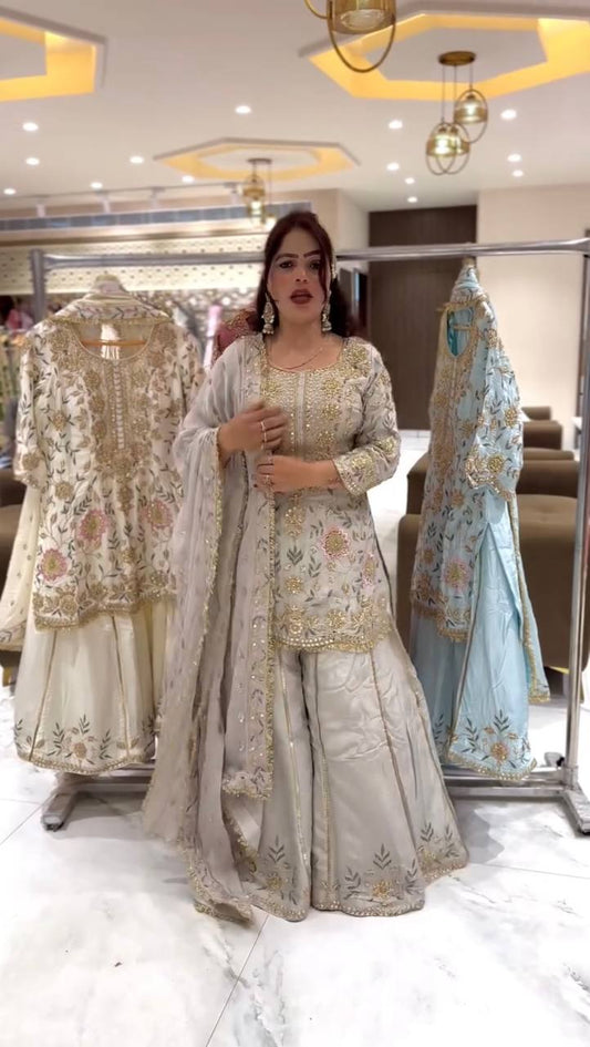 Stylish White Partywear Plazzo Set in Natural Crepe with Embroidered Detailing