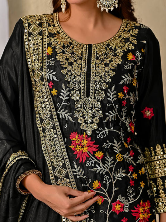 Premium Black Chinnon Silk Ensemble with Intricate 5mm Sequin Work and Elegant Dupatta