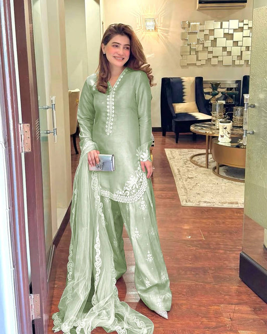 Elegant Partywear Farshi Salwar Set in Pure Roman Silk with Thread & Sequin Work