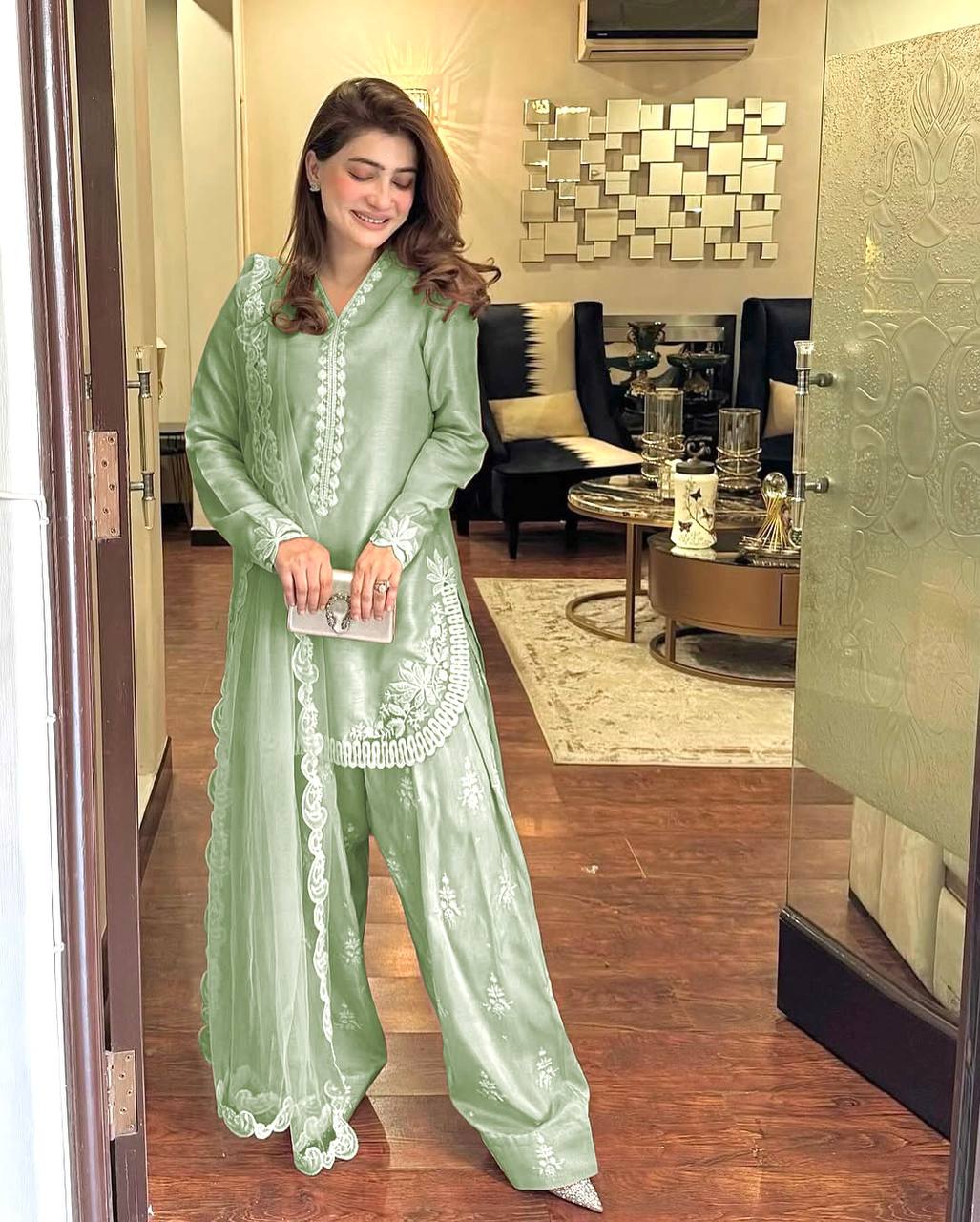 Elegant Partywear Farshi Salwar Set in Pure Roman Silk with Thread & Sequin Work