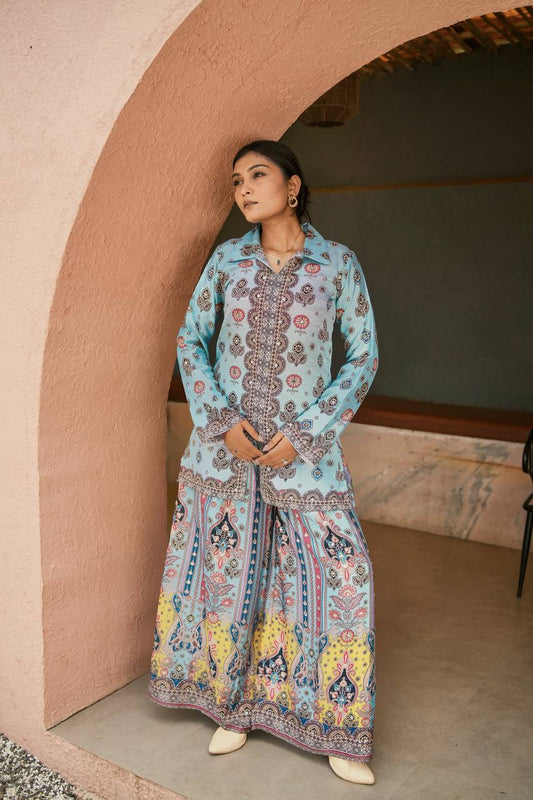 Digital Printed Chinon Silk Ensemble with Real Mirror and Handcrafted Stone Work
