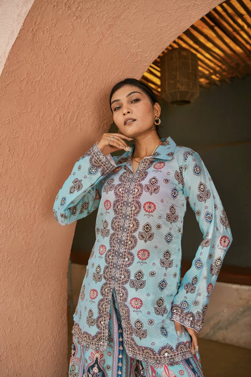 Digital Printed Chinon Silk Ensemble with Real Mirror and Handcrafted Stone Work