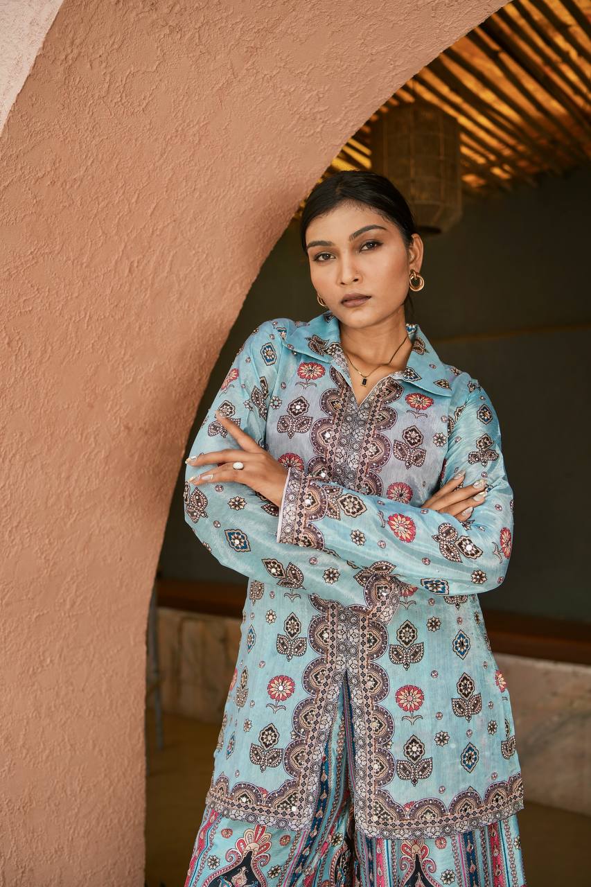 Digital Printed Chinon Silk Ensemble with Real Mirror and Handcrafted Stone Work