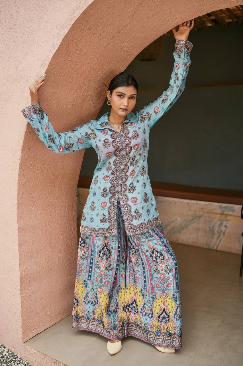 Digital Printed Chinon Silk Ensemble with Real Mirror and Handcrafted Stone Work