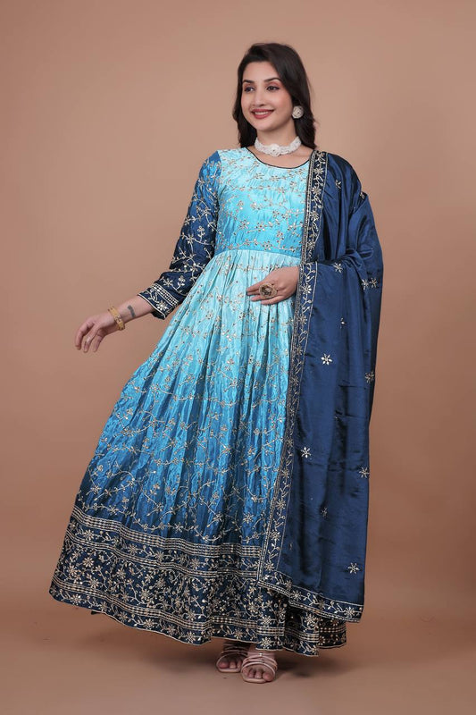 Premium Embroidered Chinon Gown with Stylish Sequins Work and Coordinated Dupatta