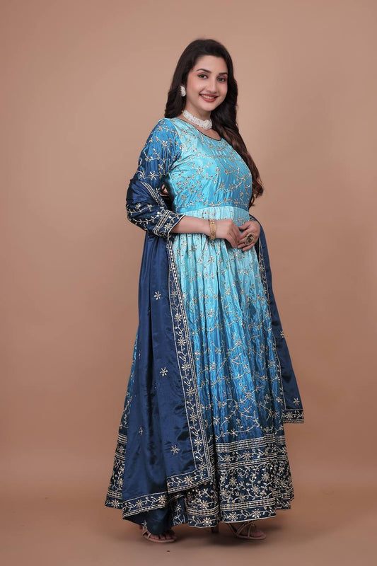 Premium Embroidered Chinon Gown with Stylish Sequins Work and Coordinated Dupatta