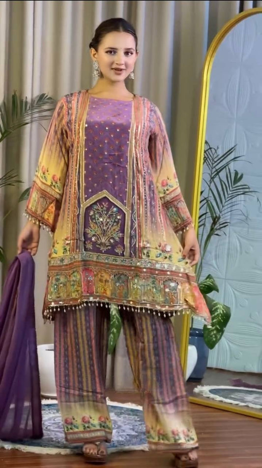 Designer Digital Printed Chinon Ensemble with Real Mirror Work and Lace Border Dupatta