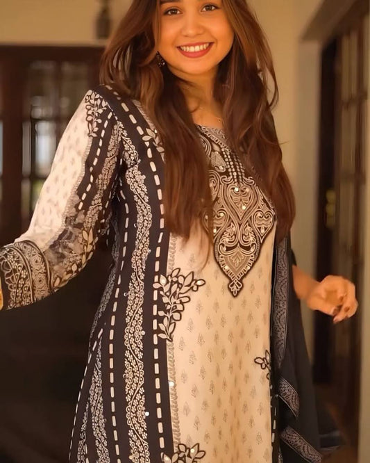 Premium Ready-to-Wear Chinon Silk Set Featuring Digital Prints and Hanging Lace Detailing