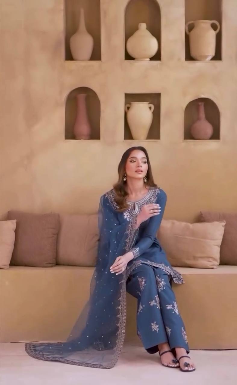 Blue Party Wear Set in Pure Natural Crepe with Embroidered Top and Farshi Palazzo