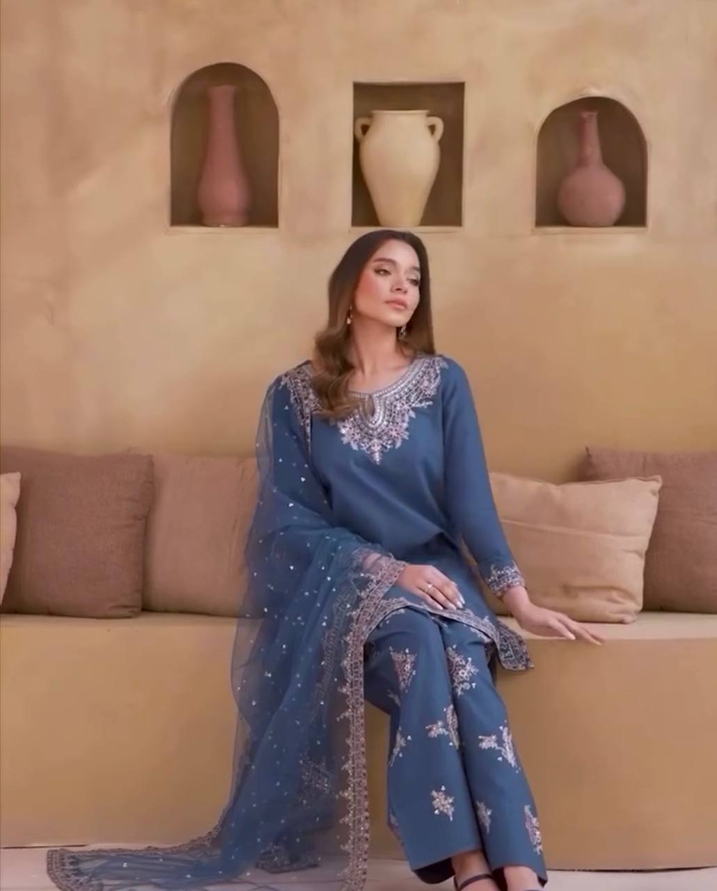 Blue Party Wear Set in Pure Natural Crepe with Embroidered Top and Farshi Palazzo
