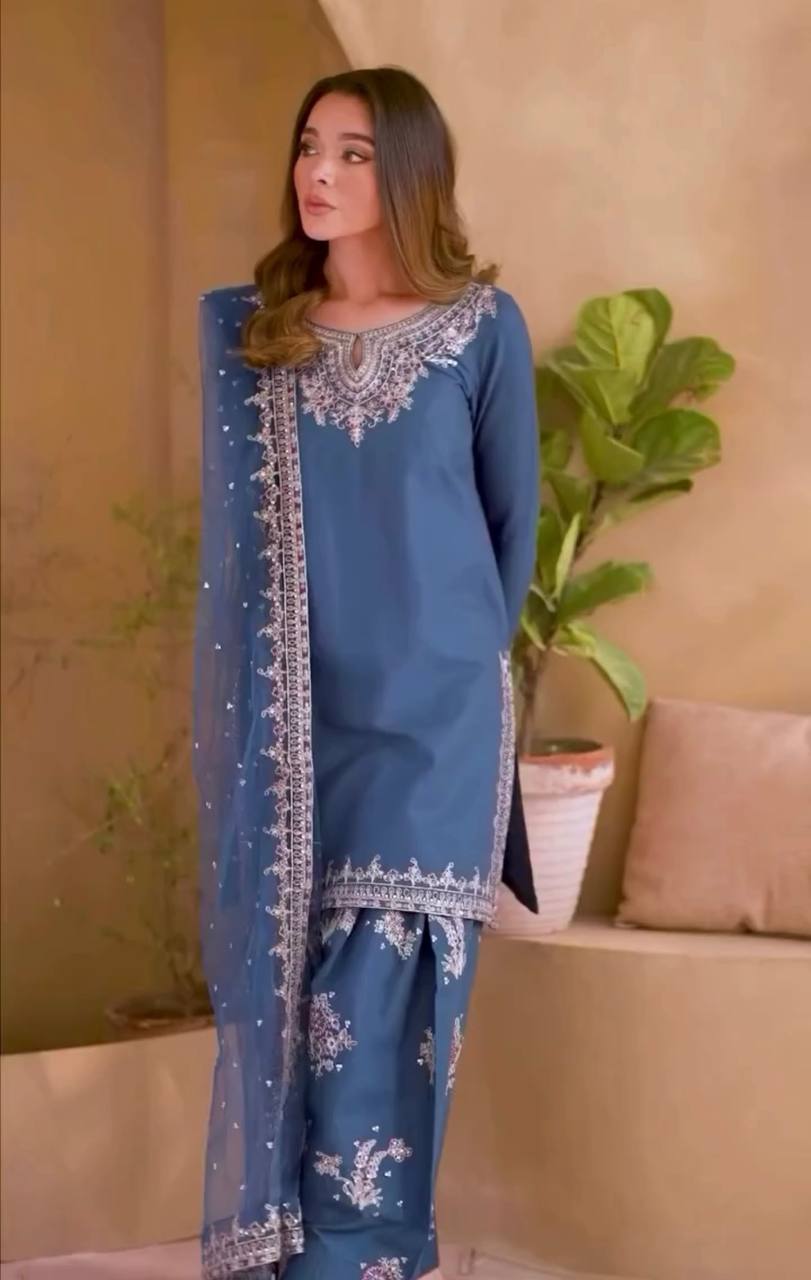 Blue Party Wear Set in Pure Natural Crepe with Embroidered Top and Farshi Palazzo