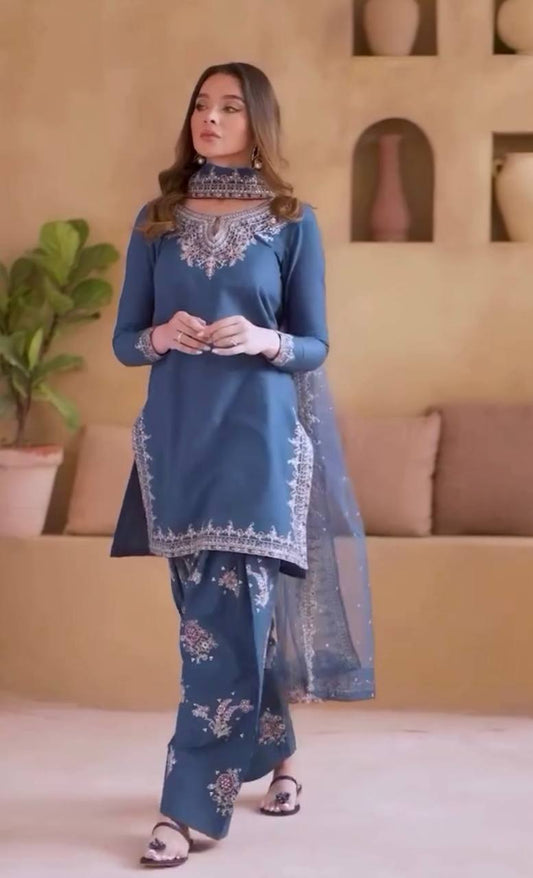 Blue Party Wear Set in Pure Natural Crepe with Embroidered Top and Farshi Palazzo