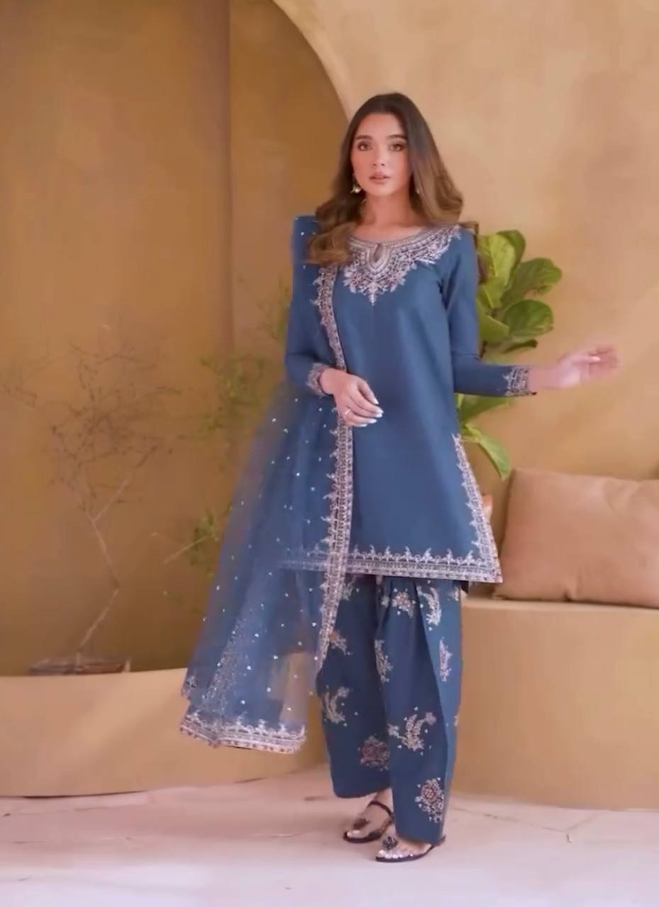 Blue Party Wear Set in Pure Natural Crepe with Embroidered Top and Farshi Palazzo