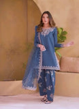 Blue Party Wear Set in Pure Natural Crepe with Embroidered Top and Farshi Palazzo