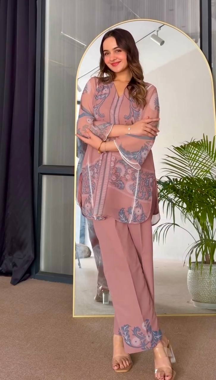 Luxury Designer Peach Co-Ord Set in Printed Sifon Georgette with Full Sleeves