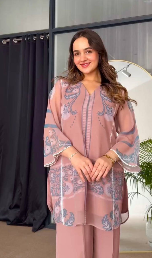 Luxury Designer Peach Co-Ord Set in Printed Sifon Georgette with Full Sleeves