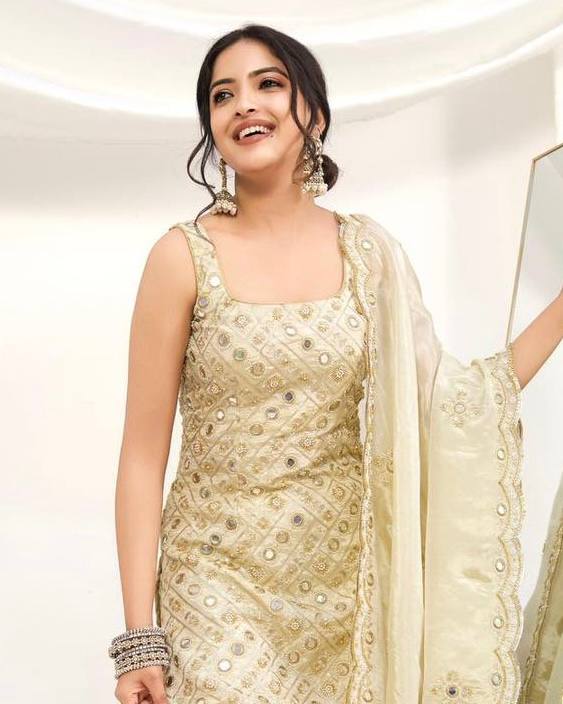 Chic Party Ensemble in Natural Crepe Featuring Heavy Sequin Embroidery and Matching Dupatta