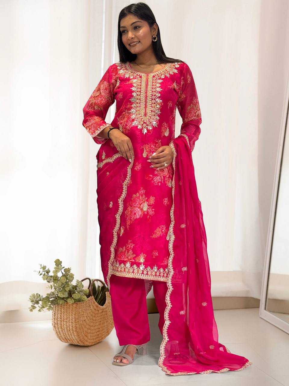 Ready to Wear Designer Suit in Kundan Organza with Hand Mirror and Stone Embroidery