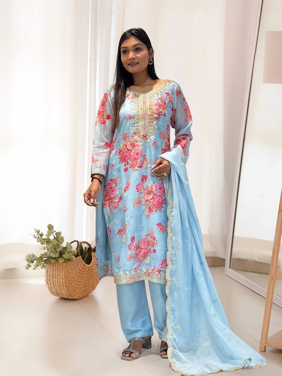 Ready to Wear Designer Suit in Kundan Organza with Hand Mirror and Stone Embroidery