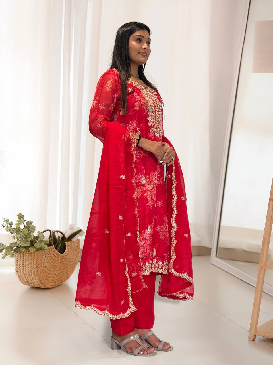 Ready to Wear Designer Suit in Kundan Organza with Hand Mirror and Stone Embroidery