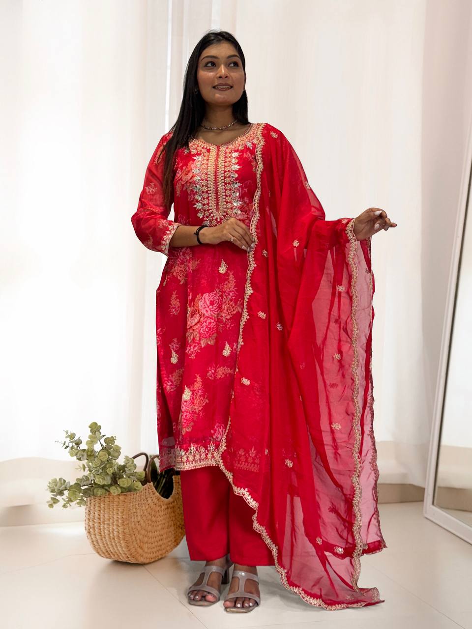 Ready to Wear Designer Suit in Kundan Organza with Hand Mirror and Stone Embroidery