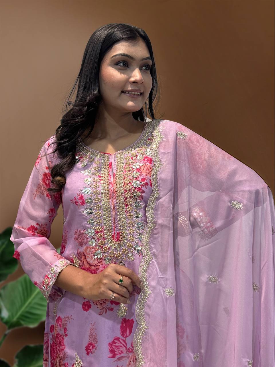 Ready to Wear Designer Suit in Kundan Organza with Hand Mirror and Stone Embroidery